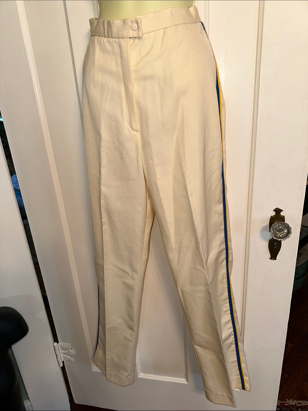 Vintage 70s The Red Brand Cream Track-Style Pants with Blue & Yellow Side Stripe